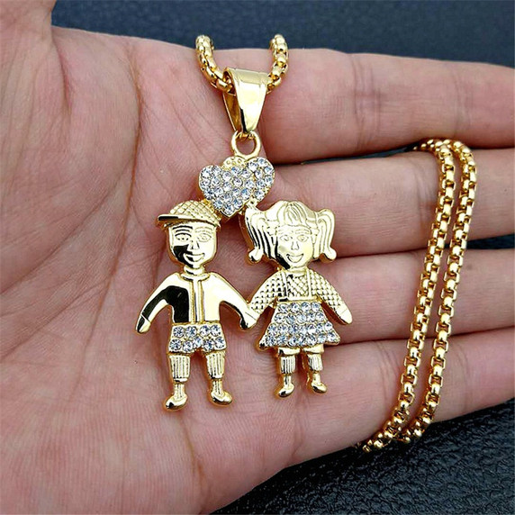 Couples Mens Womens 14k Gold Over Stainless Steel Boy Girl Pendant Chain Necklace