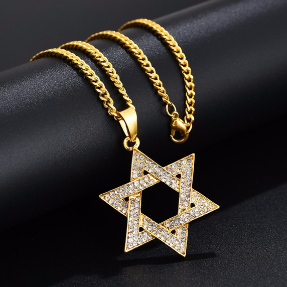 Mens 14k Gold over no Fade Stainless Steel Star Of David Bling Pendant Chain Necklace 