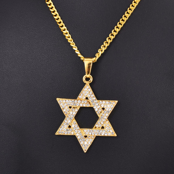 Mens 14k Gold over no Fade Stainless Steel Star Of David Bling Pendant Chain Necklace