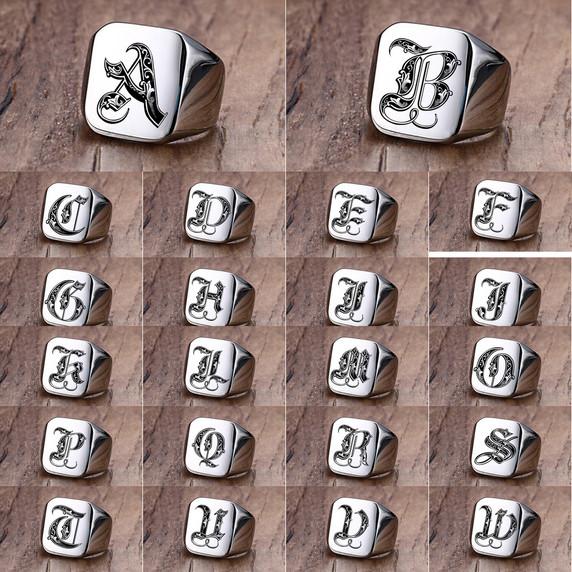 Mens Custom Made No Fade Silver Stainless Old English Letters Initial Ring 