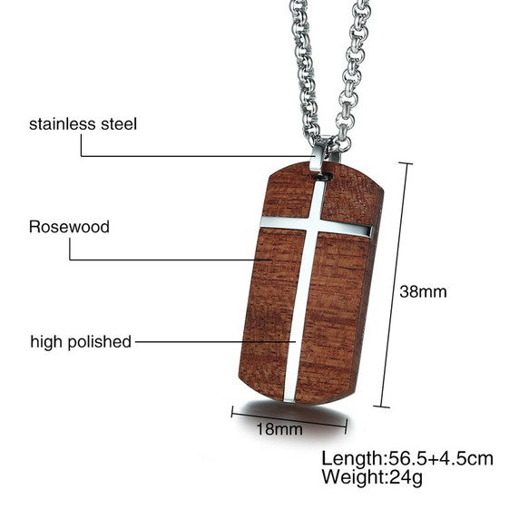 No Fade Stainless Steel Real Rosewood Cross Pendant Chain Necklace