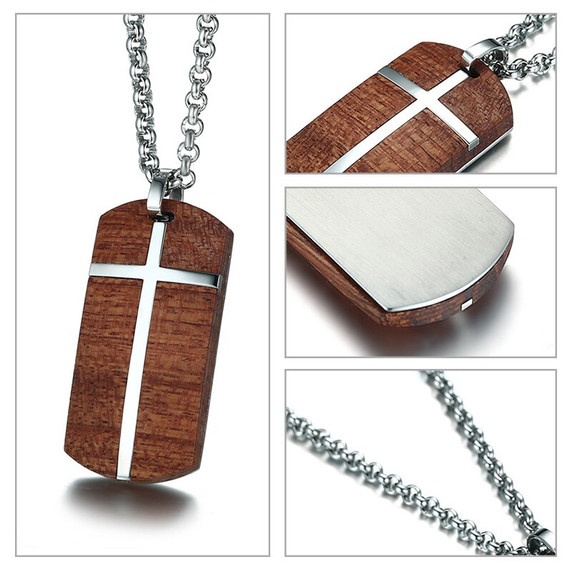 No Fade Stainless Steel Real Rosewood Cross Pendant Chain Necklace