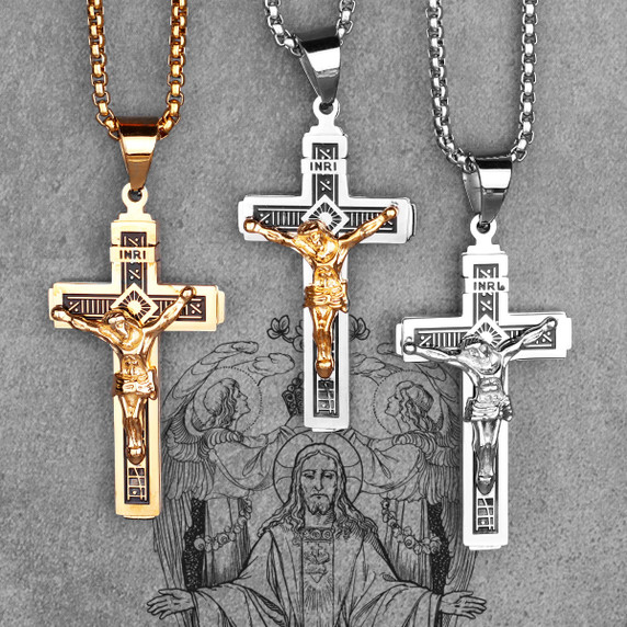 Mens INRI 14k Gold Over No Fade Stainless Steel Spiritual Cross Pendant Chain Necklace