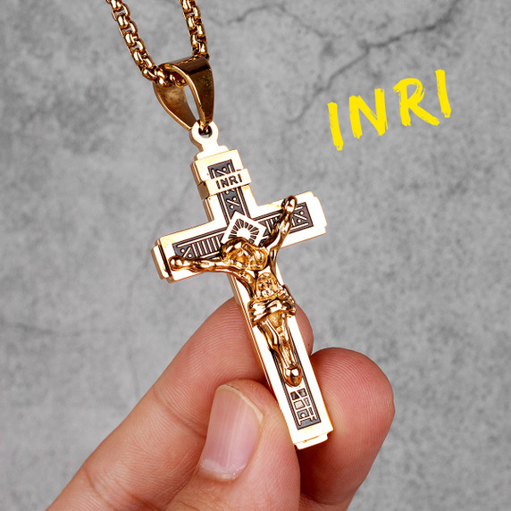 Mens INRI 14k Gold Over No Fade Stainless Steel Spiritual Cross Pendant Chain Necklace