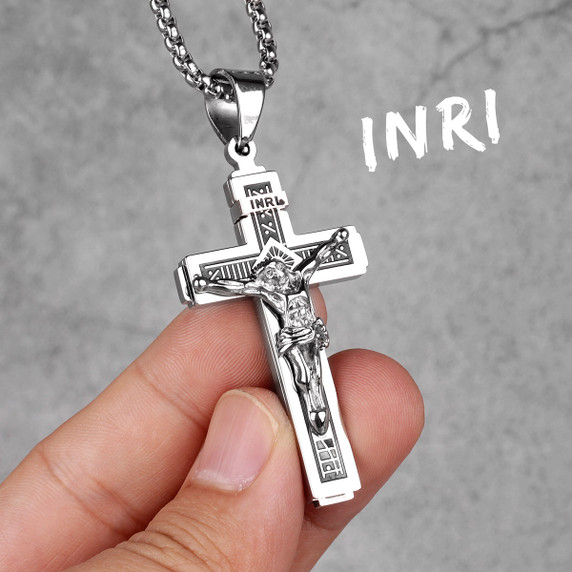 Mens INRI 14k Gold Over No Fade Stainless Steel Spiritual Cross Pendant Chain Necklace