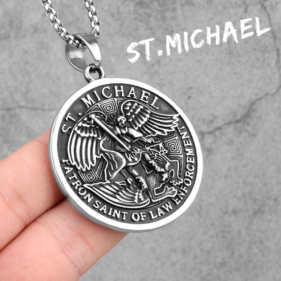 Mens No Fade Stainless Steel St Michael Archangel Spiritual Pendant Chain Necklace