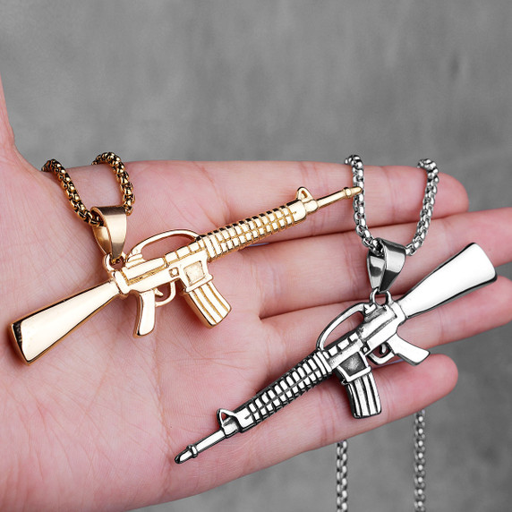 14k Gold Silver Over No Fade Stainless Steel M16 Gun Hip Hop Pendant Chain