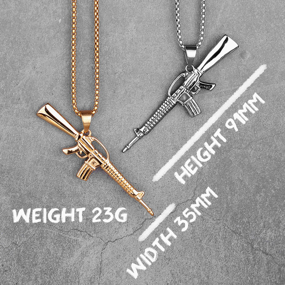14k Gold Silver Over No Fade Stainless Steel M16 Gun Hip Hop Pendant Chain