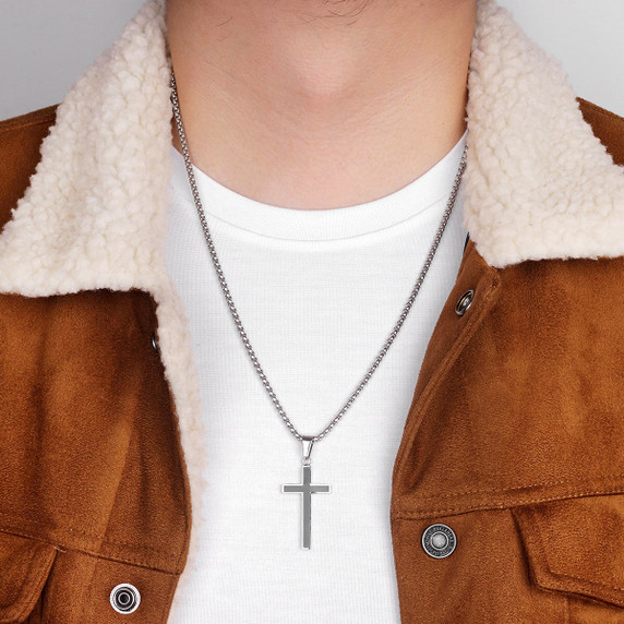 Classic No Fade Silver Stainless Steel Block Cross Pendant Chain Necklace