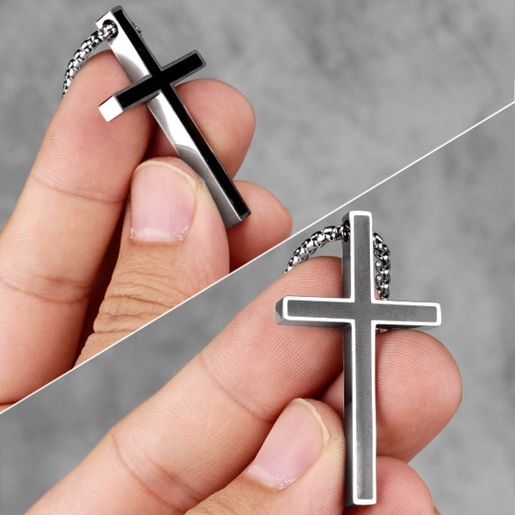 Classic No Fade Silver Stainless Steel Block Cross Pendant Chain Necklace