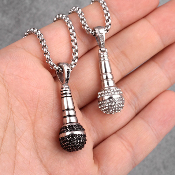 Mens No Fade Stainless Steel Iced Micro Phone Bling Pendant Chain Necklace