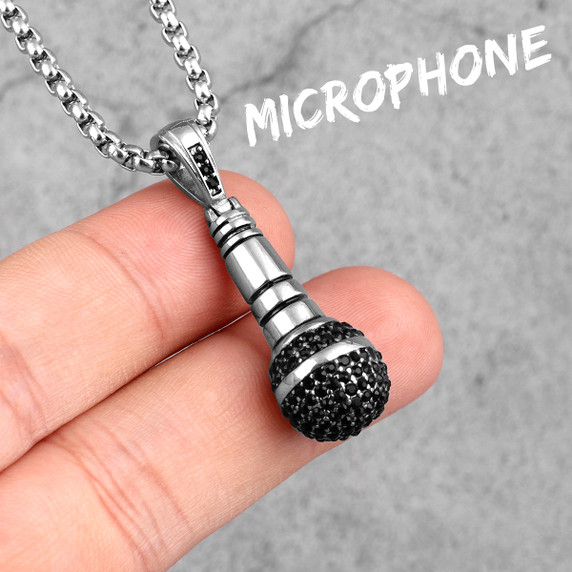 Mens No Fade Stainless Steel Iced Micro Phone Bling Pendant Chain Necklace