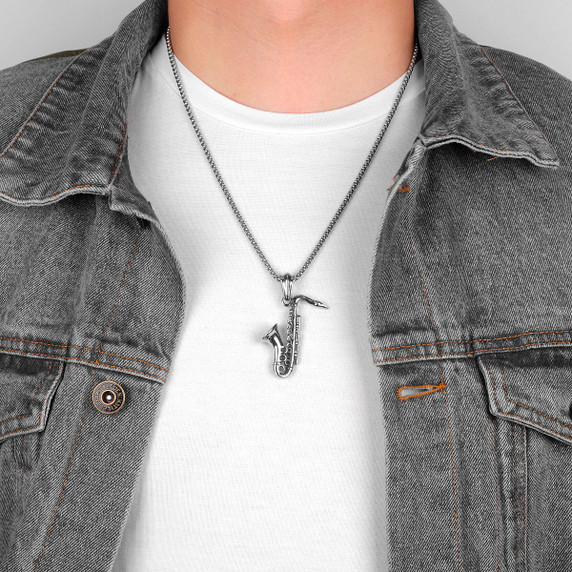 14k Gold Silver Over No Fade Stainless Steel Cool Saxophone Pendant Chain Necklace