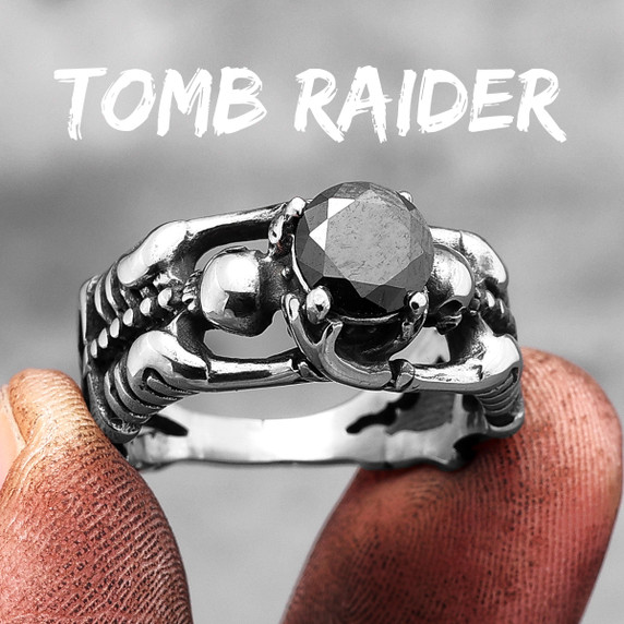 No Fade Stainless Steel Black Gemstone Skeleton Tomb Raider Bling Rings
