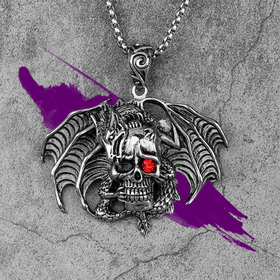 Mens No Fade Stainless Steel Demon King Dragon Skull Pendant Chain Necklaces