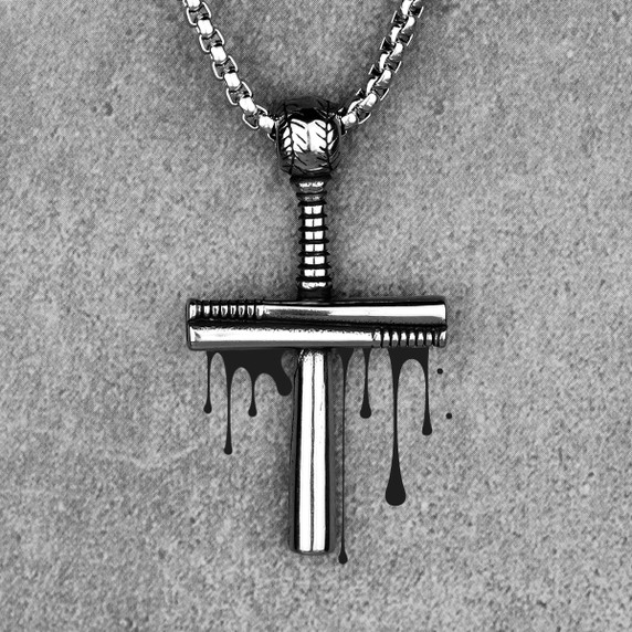 Mens No Fade Silver Stainless Steel Baseball Bat Cross Pendant Chain Necklace