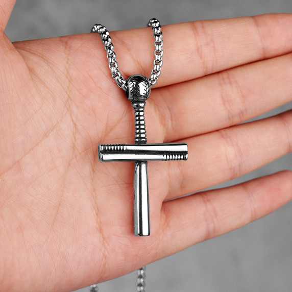 Mens No Fade Silver Stainless Steel Baseball Bat Cross Pendant Chain Necklace