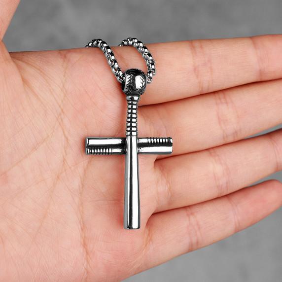 Mens No Fade Silver Stainless Steel Baseball Bat Cross Pendant Chain Necklace