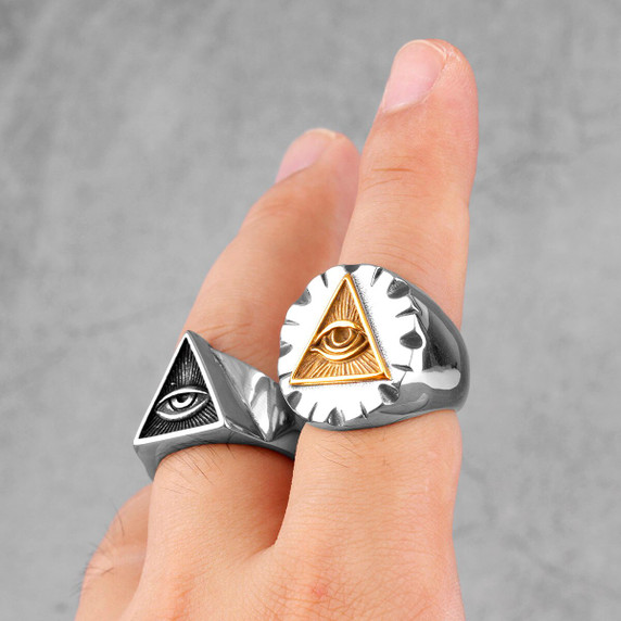 All Seeing Eye No Fade Stainless Steel 14k Gold Accented Illuminati Triangle Rings