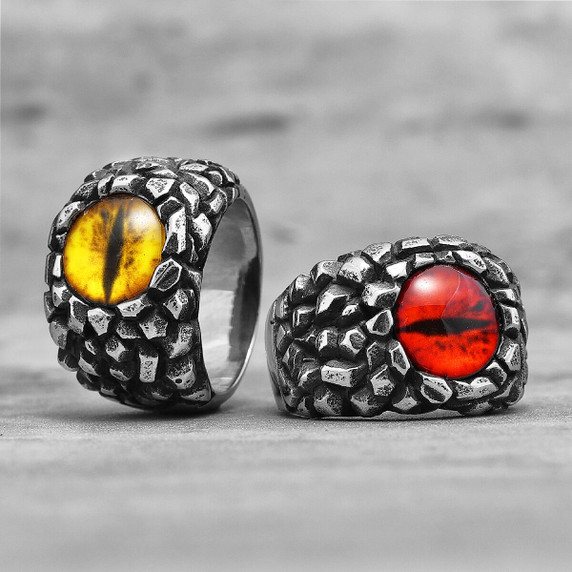 Mens No Fade Silver Stainless Steel Red Yellow Devil's Eye Rings