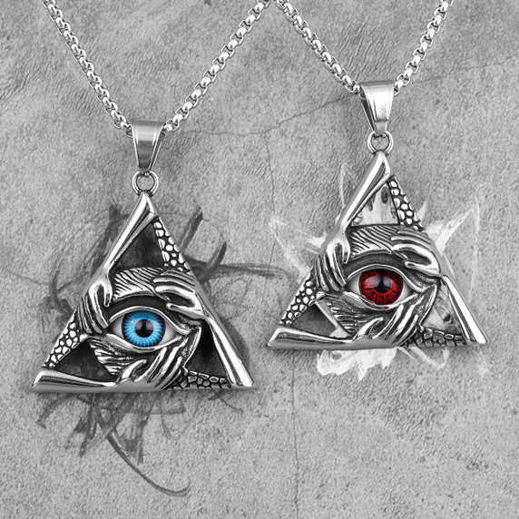 Mens Stainless Steel Eye Of the Guardian Triangle No Fade Pendant Chain Necklace