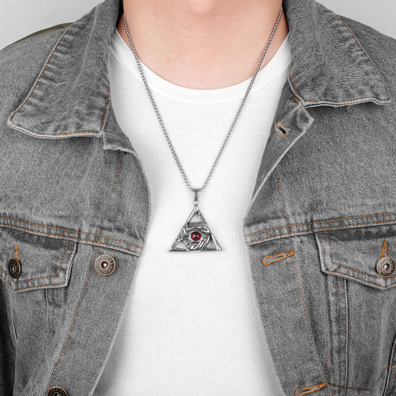 Mens Stainless Steel Eye Of the Guardian Triangle No Fade Pendant Chain Necklace