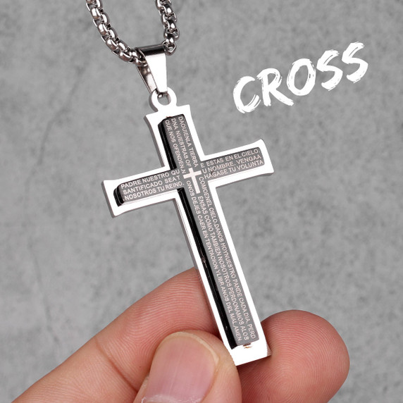 Square Cut Mens No Fade Stainless Steel Spanish Prayer Cross Pendant Chain