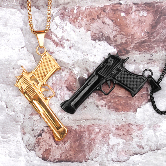 Mens Hip Hop 14k Gold Silver Stainless Steel No Fade Desert Eagle Gun Pendant