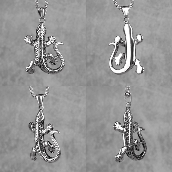 Silver No Fade Stainless Steel Gecko Lizard Reptile Pendant Chain Necklace