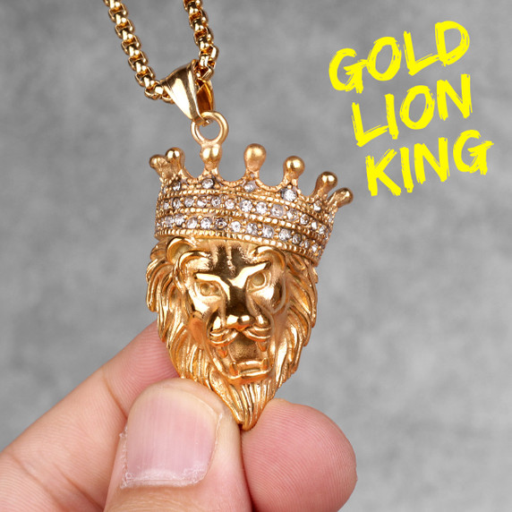 Mens 14k Gold Black Hematite No Fade Stainless Steel Lion King Hip Hop Pendant