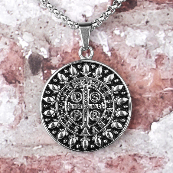 Stainless Steel Holy Benedict No Fade Mens Cross Pendant Chain Necklace