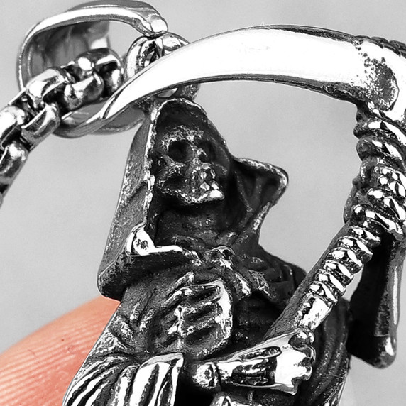 Grim Reaper No Fade Silver Stainless Steel Scythe Pendant Chain Necklace