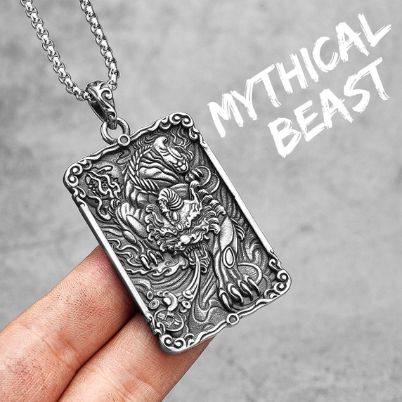 Mens 316L No Fade Stainless Steel Ancient Chinese Mythical Beast Pendant Chain Necklace