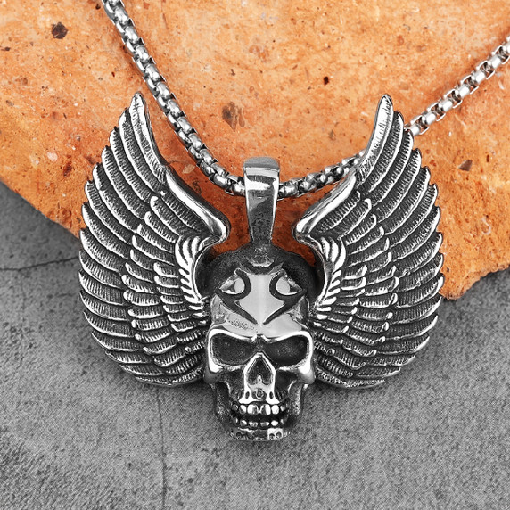 Mens No Fade 316L Stainless Steel Fallen Angel Skull Wings Hip Hop Street Wear Pendant 