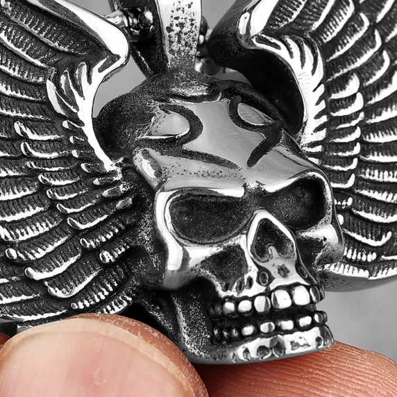 Mens No Fade 316L Stainless Steel Fallen Angel Skull Wings Hip Hop Street Wear Pendant 