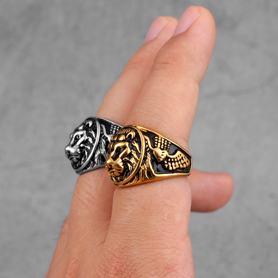 Mens King Of The Jungle 316L 14k Gold Silver No Fade Stainless Steel Street Wear Rings