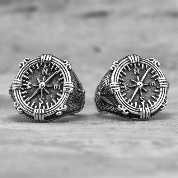 Mens 316L Stainless Steel Dominant Leader Compass Street Wear Rings 