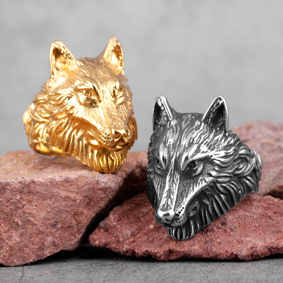 Mens Alpha Dog 14k Gold Silver No Fade Stainless Steel Wolf Street Wear Rings