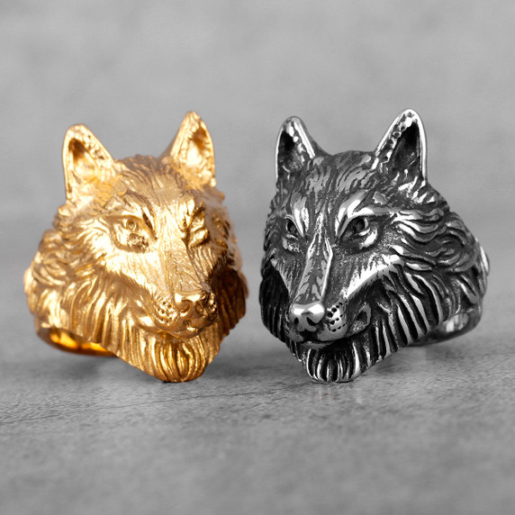 Mens Alpha Dog 14k Gold Silver No Fade Stainless Steel Wolf Street Wear Rings