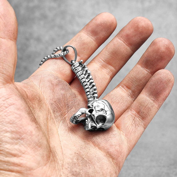 Mens No Fade Stainless Steel Skull Spine Pendant Chain Necklce