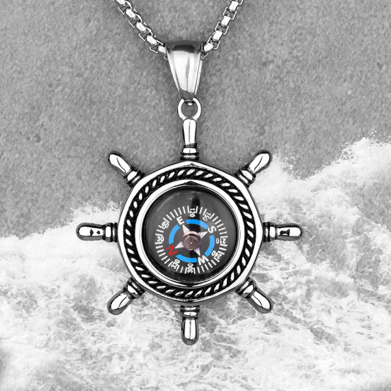 Mens No Fade Stainless Steel Captains Wheel Compass Street Wear Pendant Chain