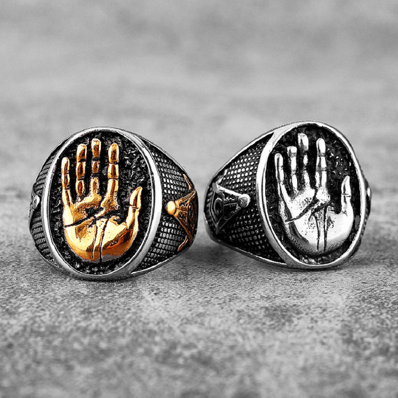 Mens Buddha's Palm 14k Gold Silver No Fade Stainless Steel Street Wear Rings