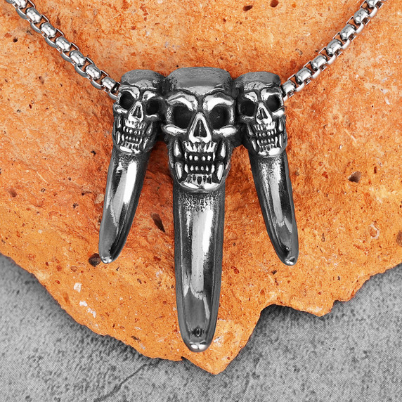 Mens 316L Stainless Steel Skull Tooth Trophy No Fade Pendant Chain Necklace