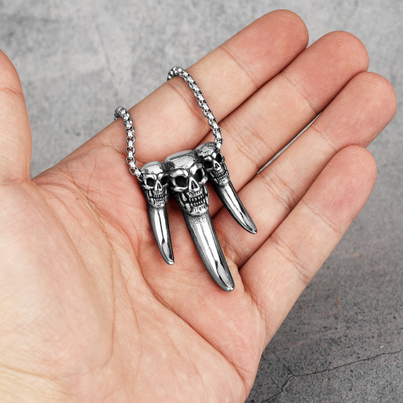 Mens 316L Stainless Steel Skull Tooth Trophy No Fade Pendant Chain Necklace