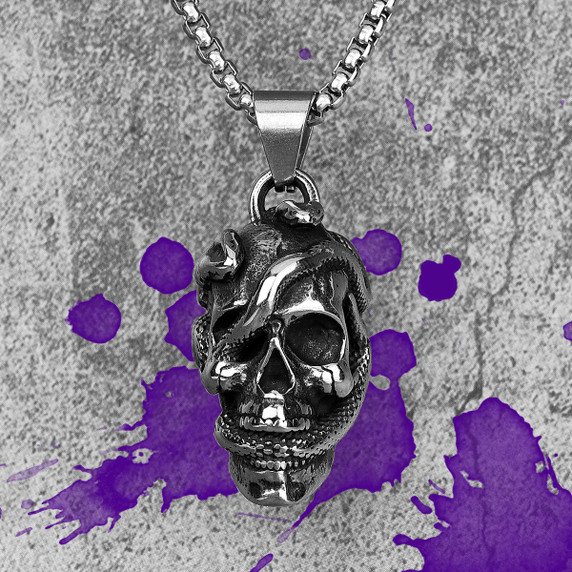 Mens Hip Hop Snake Skull 316L No Fade Stainless Steel Pendant Chain Necklace