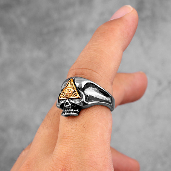 316L Stainless Steel 14k Gold Accents No Fade All Seeing Eye Masonic Skull Rings