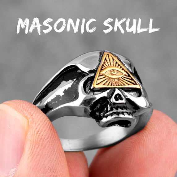 316L Stainless Steel 14k Gold Accents No Fade All Seeing Eye Masonic Skull Rings