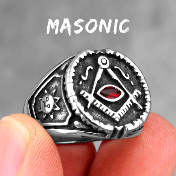 Mens Bling Retro Free Mason Compass Square 316L Stainless Steel Rings