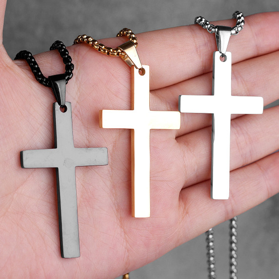 Mens Simple Style 316L Stainless Steel Spiritual Cross Pendant Gold Black Silver