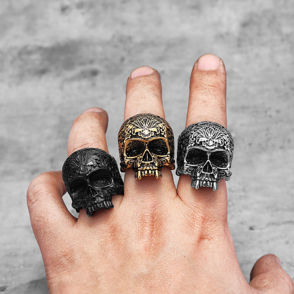 Mens Vintage Vampire 316L Stainless Steel Street Wear Carved Skull Rings